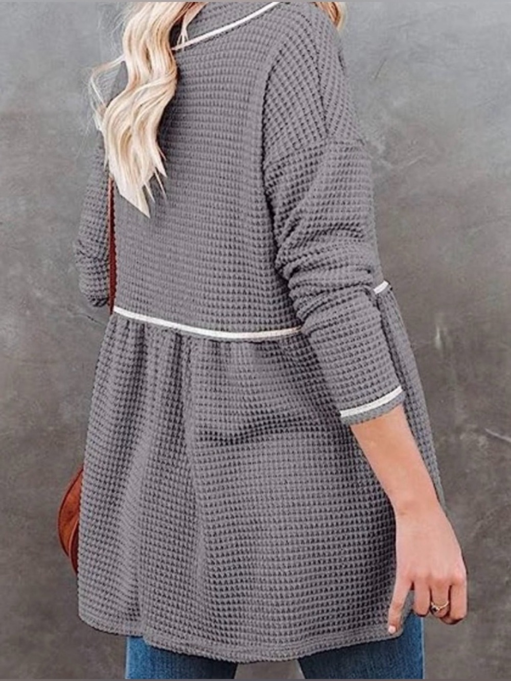 Cozy Boho Waffle Knit V-Neck Babydoll Top XL Long Sleeve Gray Cozy Soft Girl - Picture 11 of 12